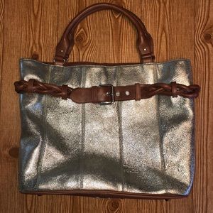 Beverly Feldman large silver purse w/leather trim